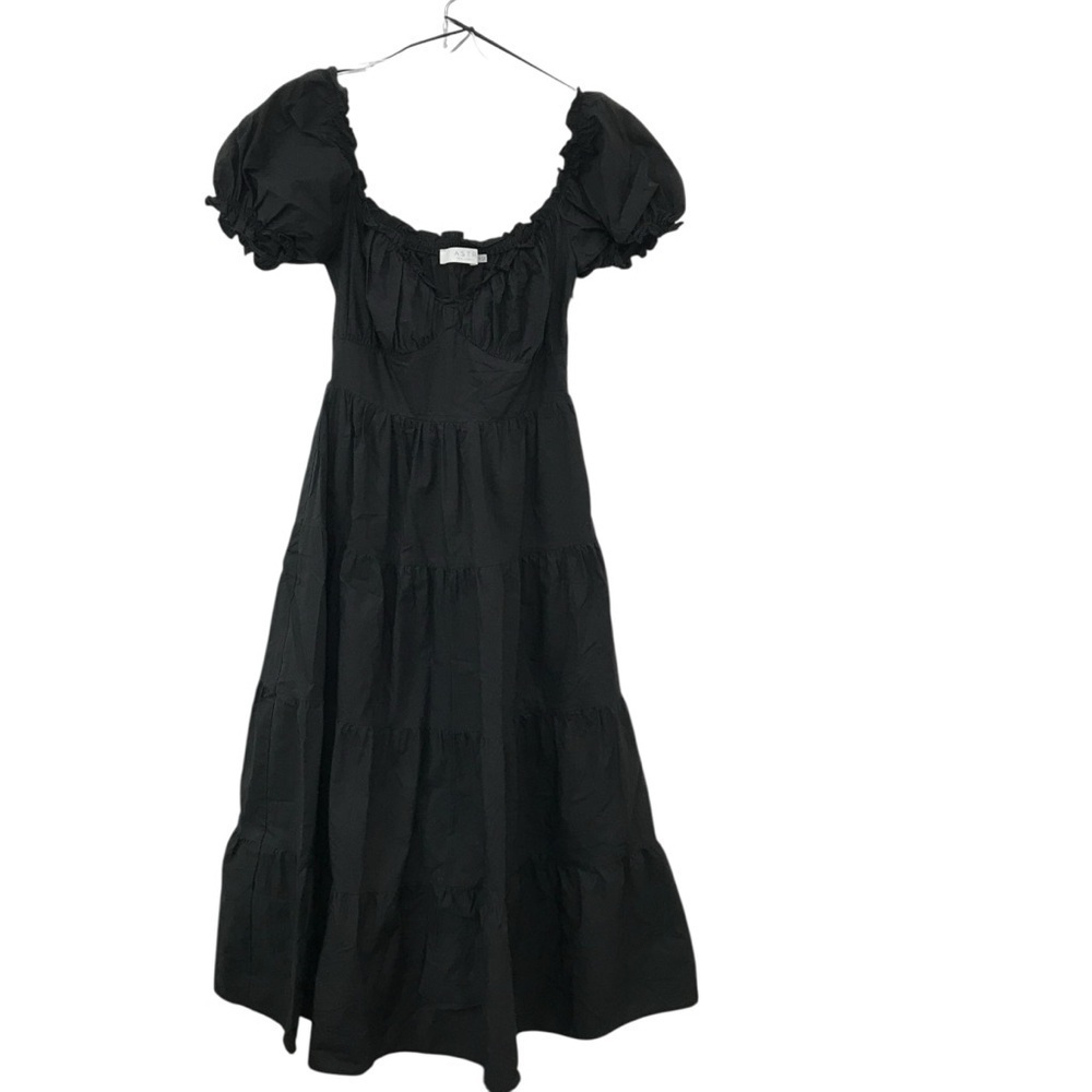 ASTR The Label Puff Sleeve Tiered Poplin Black Midi Dress Size Small